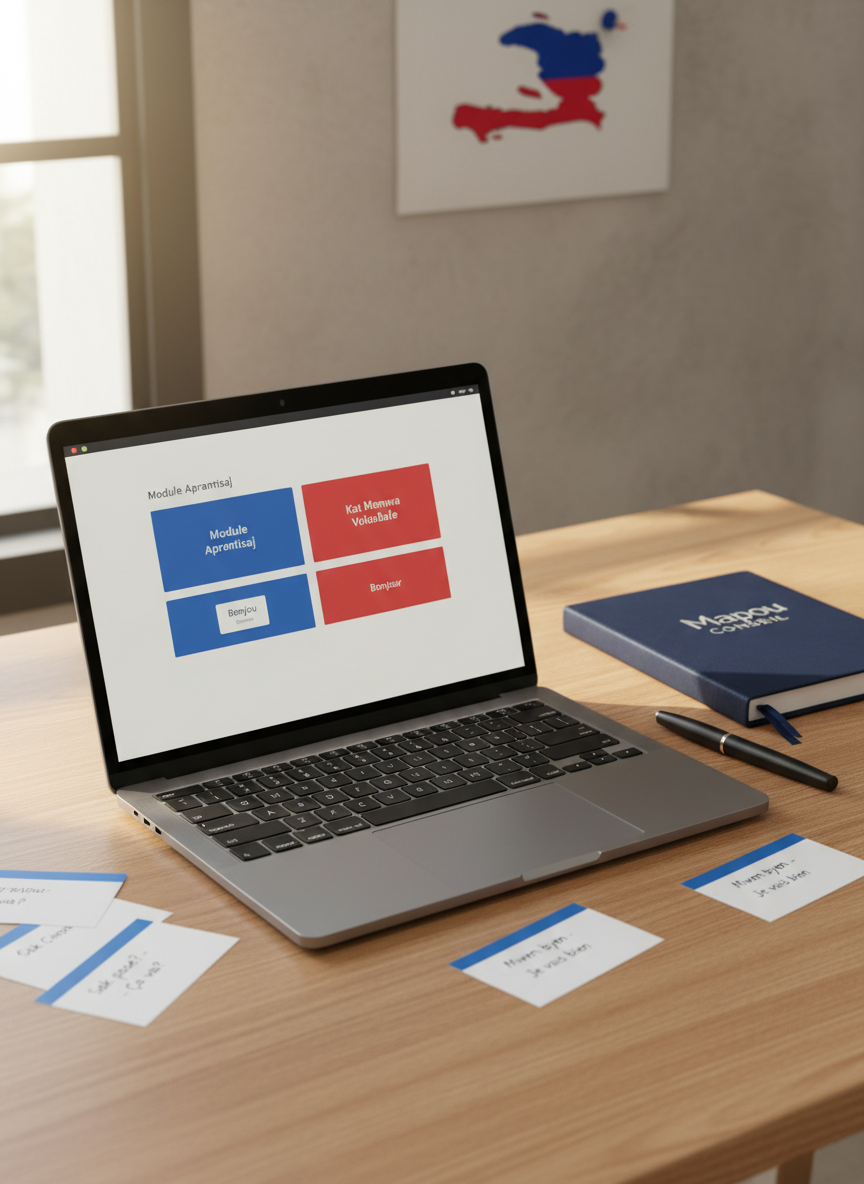A modern home office workspace centered around a sleek silver laptop displaying a clean interface with Haitian Creole learning modules and vocabulary flashcards. Around the laptop, neatly arranged index cards show simple Creole phrases with French translations, and a closed navy-blue notebook embossed with “Mapou Conseil” sits to the side. The desk surface is a light oak wood, uncluttered and orderly. Soft, diffused morning light enters from a nearby window, reflecting gently on the laptop’s metallic body and creating a bright yet soothing environment. The background shows a blurred neutral wall with a small map of Haiti pinned up. Photographic realism, shot from a slightly elevated angle, with a professional, structured, and encouraging mood.