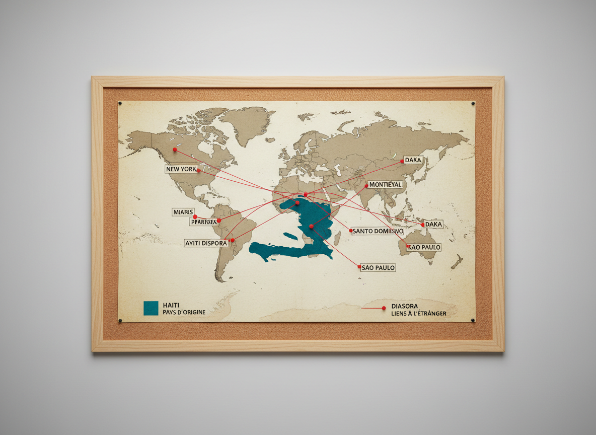 A detailed shot of a world map pinned on a corkboard, with Haiti highlighted in a deep turquoise and connected via thin red string to several major cities around the world, symbolizing the Haitian diaspora. Small, neatly printed labels in Haitian Creole identify each city, and a legend at the bottom explains the color codes in French and Creole. The corkboard frame is a warm natural wood, mounted on a light gray wall. Soft overhead studio lighting provides even illumination, making the textures of the cork and paper crisp and clear, while casting minimal shadows. The composition is straight-on and symmetrical, with photographic realism and a professional, informative mood that emphasizes connection and cultural transmission.
