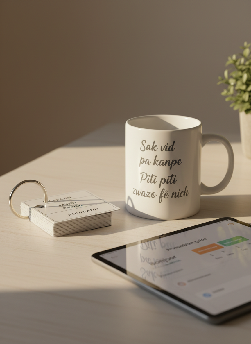 A close-up of an elegant white ceramic mug printed with subtle Haitian proverbs in gray Créole lettering, resting on a tidy desk beside a stack of vocabulary flashcards bound with a metal ring. The surface is a pale, matte wooden table with a light grain. A slim tablet lies nearby, its screen softly glowing with a Creole pronunciation guide open, waveforms and syllables clearly visible. Warm late-afternoon sunlight streams in from the right, casting delicate shadows from the mug’s handle and the flashcards, creating a cozy yet focused atmosphere. The background fades into a gentle blur of a neutral wall and a small potted plant. Photographic realism, shallow depth of field, intimate composition that evokes calm concentration and gentle motivation.