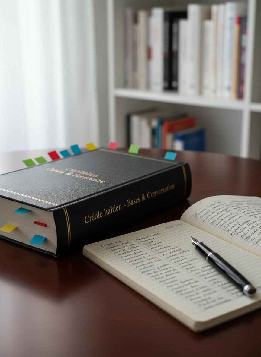 A thick, elegantly bound reference book titled “Créole haïtien – Bases & Conversation” rests open on a smooth, dark wooden desk. Colorful sticky flags mark key grammar pages, and a neatly ruled notebook filled with careful handwritten vocabulary in French and Haitian Creole lies beside it. A slim black fountain pen with a silver clip is placed across the notebook. Soft natural daylight from an unseen window to the left washes over the scene, creating gentle highlights on the paper texture and subtle shadows along the book’s spine. In the blurred background, a minimalist bookshelf holds more language and culture volumes. Photographic realism, eye-level composition, calm and professional atmosphere, with a shallow depth of field emphasizing the study materials.